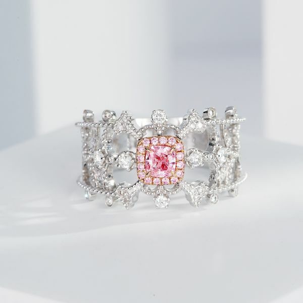 GIA復古露珠鏤空垫形粉鑽戒指