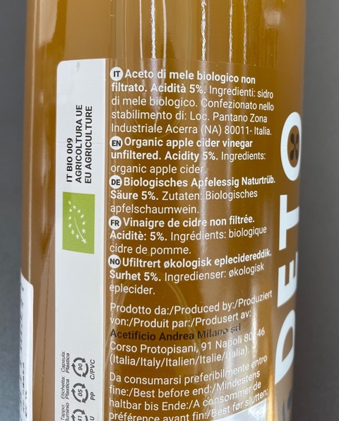 Andrea Milano organic apple cider vinegar 1L (best before Jan 2029)