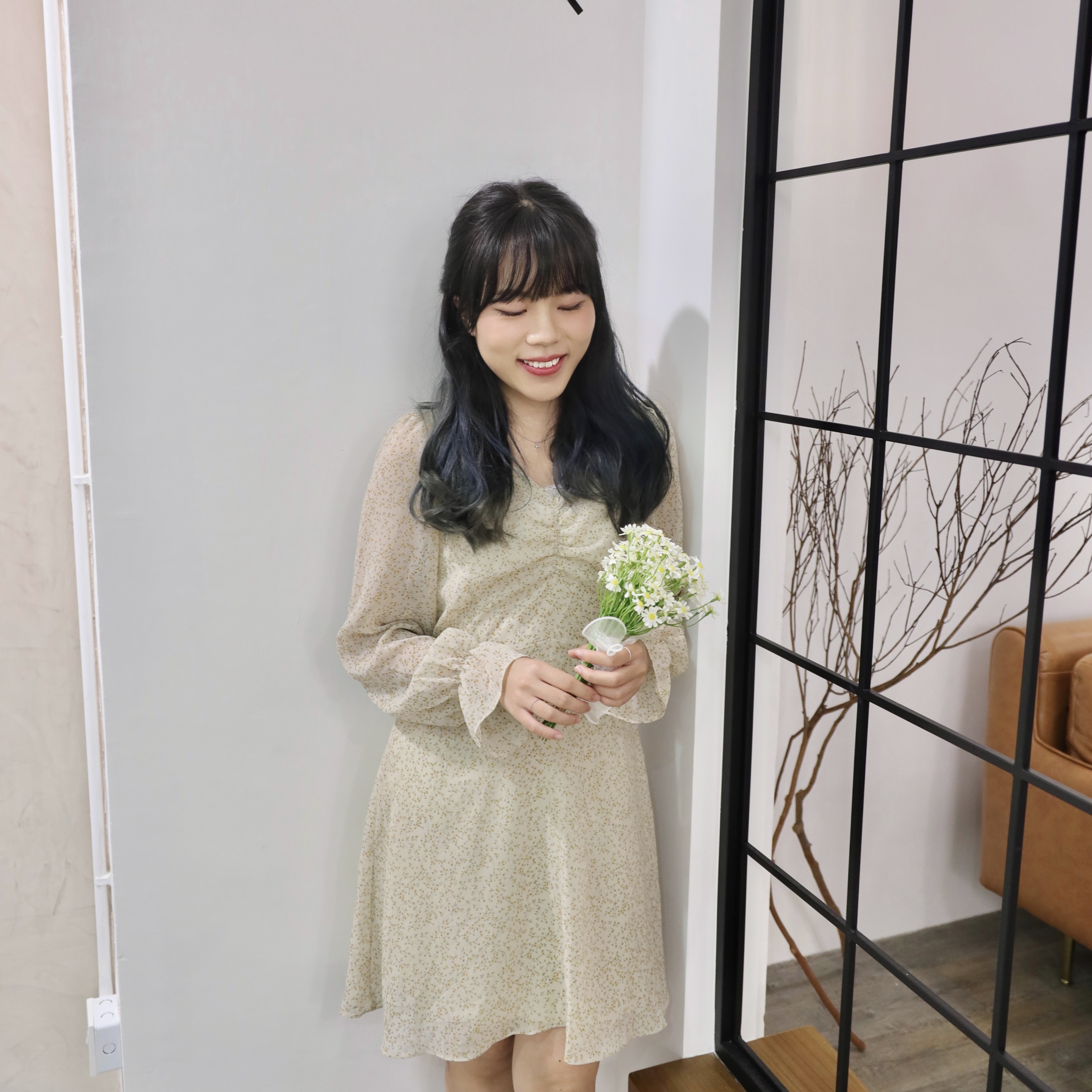 ✨ ||OPS177||抓胸荷葉手袖點點枝花連身裙