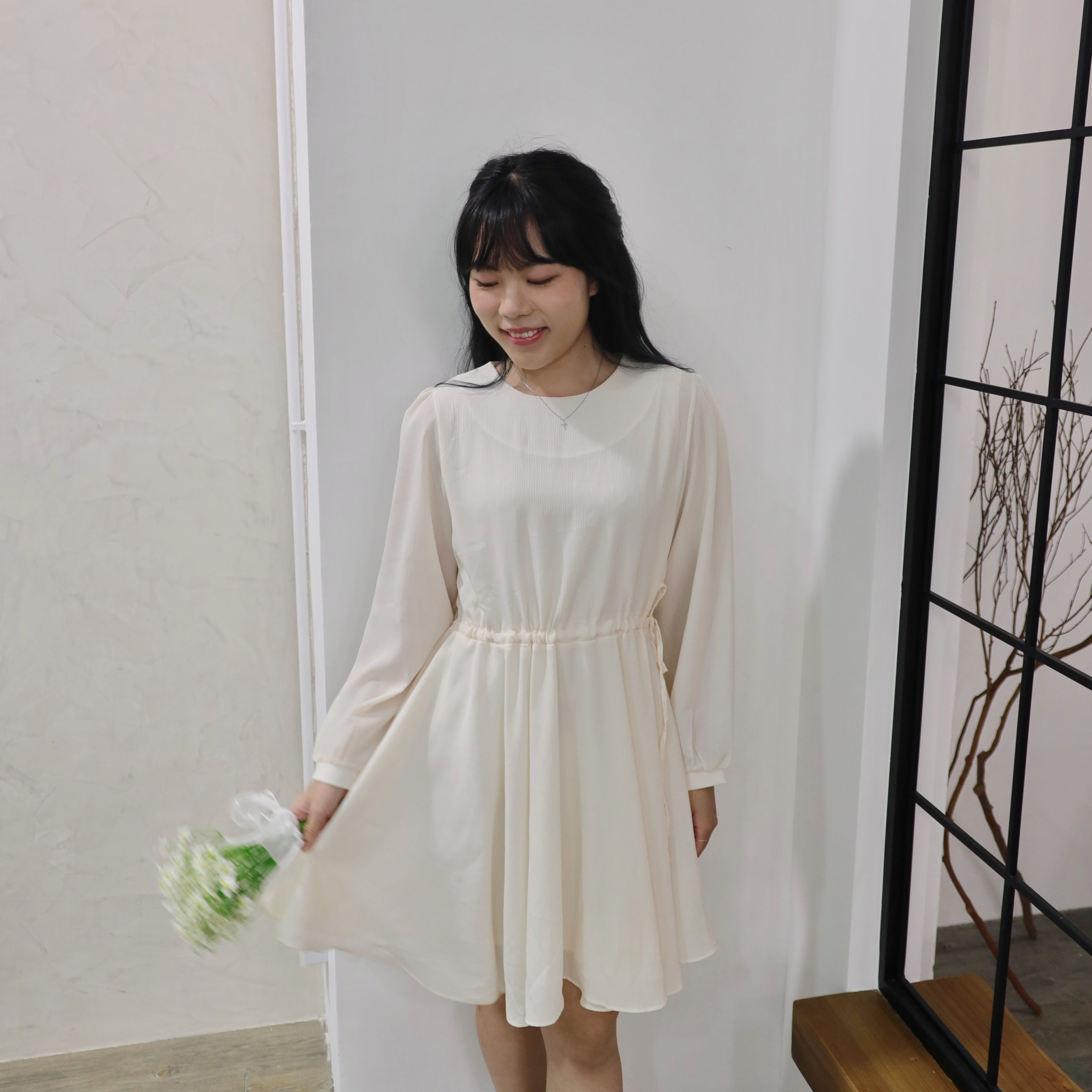 ✨ ||OPS180||圓領雪紡優雅索帶連身裙