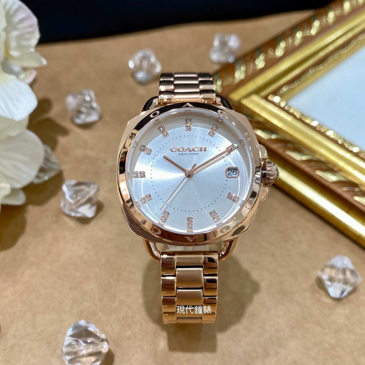 【COACH】Logo錶圈晶鑽女錶 CO14504158 34mm 現代鐘錶