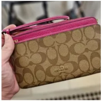 [S] COACH C5576 SIGNATURE PVC DBL ZIP WALLET,KHAKI/CERISE, 196395076680 (SCO542)