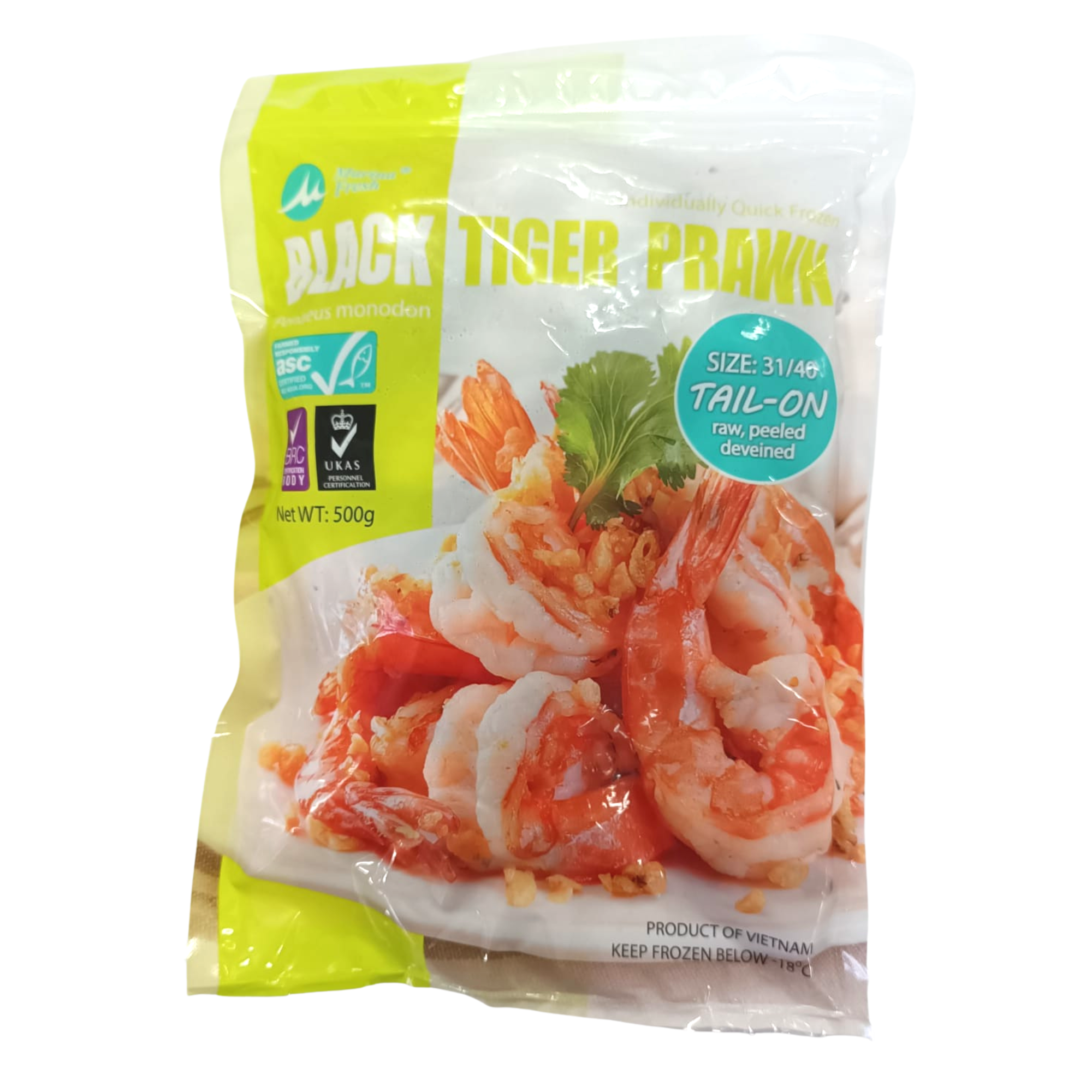 越南單凍鳳尾虎蝦仁 Vietnam ( Marina Fresh) IQF Black Tiger Prawn (31-40件) 500克/包 (急凍 -18°C)