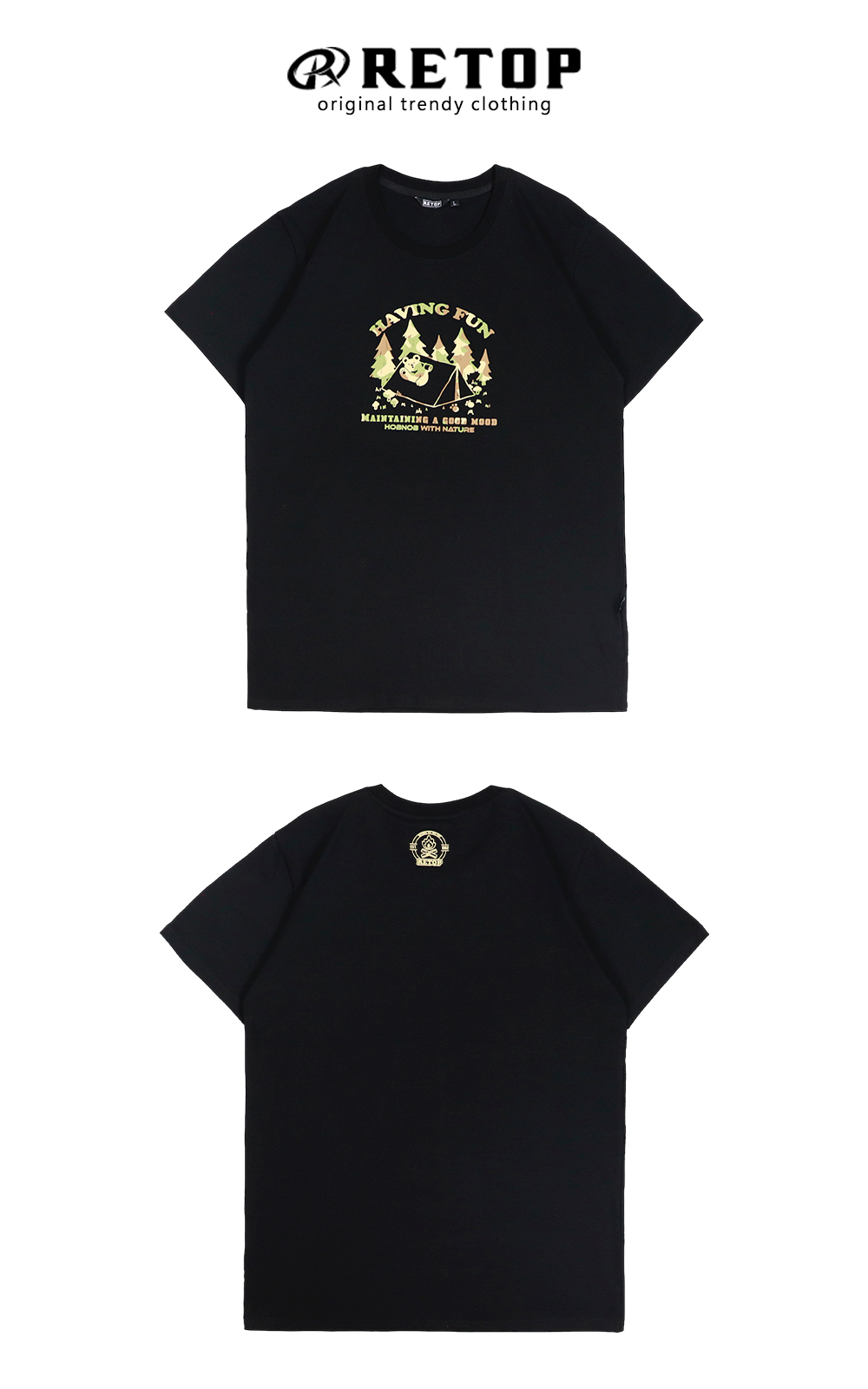 RETOP 萊卡系列 秘林郊遊熊涼感萊卡圓領T 黑