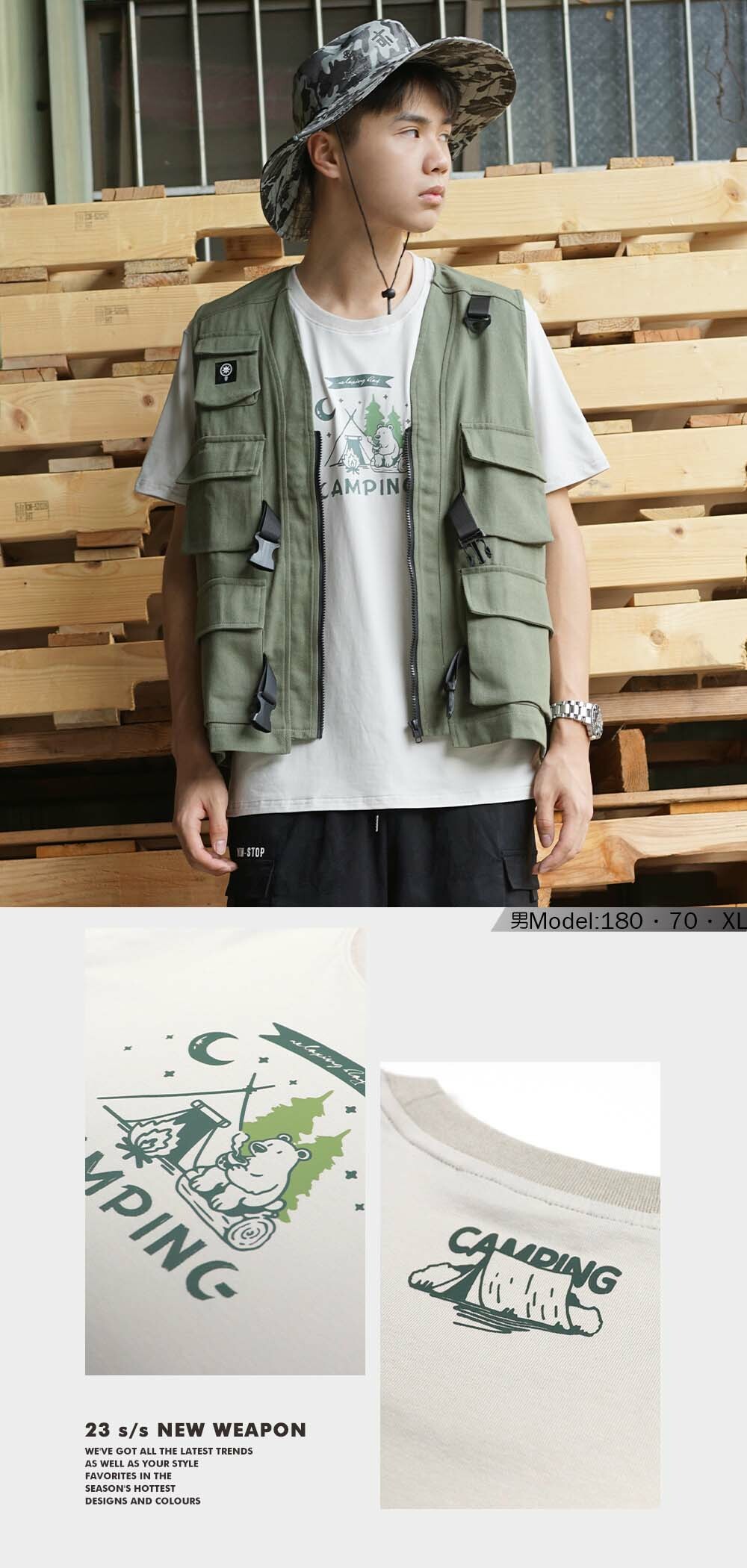 RETOP 萊卡系列 森活露營熊涼感萊卡圓領T 褐灰