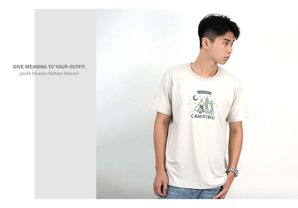 RETOP 萊卡系列 森活露營熊涼感萊卡圓領T 褐灰