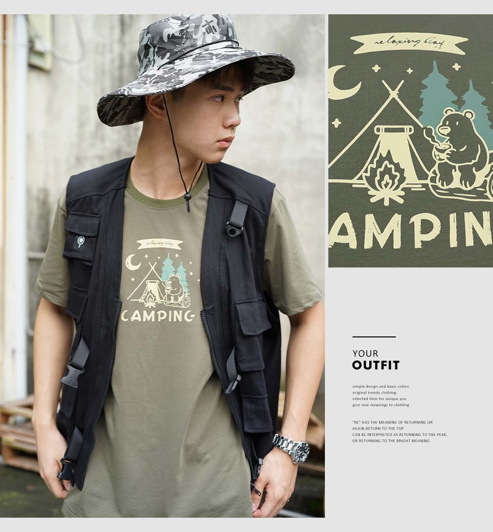 RETOP 萊卡系列 森活露營熊涼感萊卡圓領T 軍綠