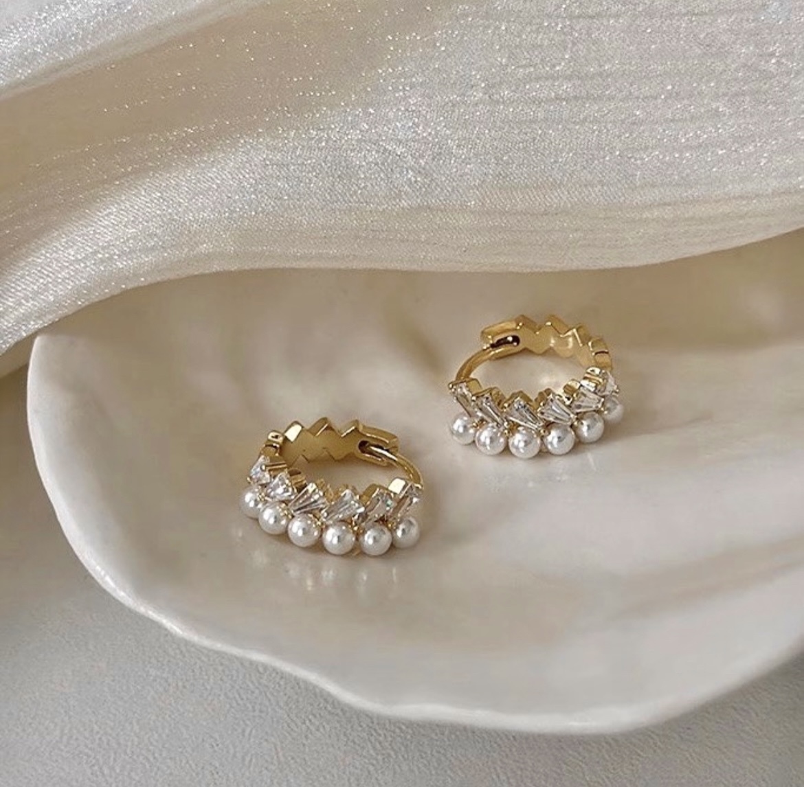 高級白金鑽 麥穗珍珠耳扣釘