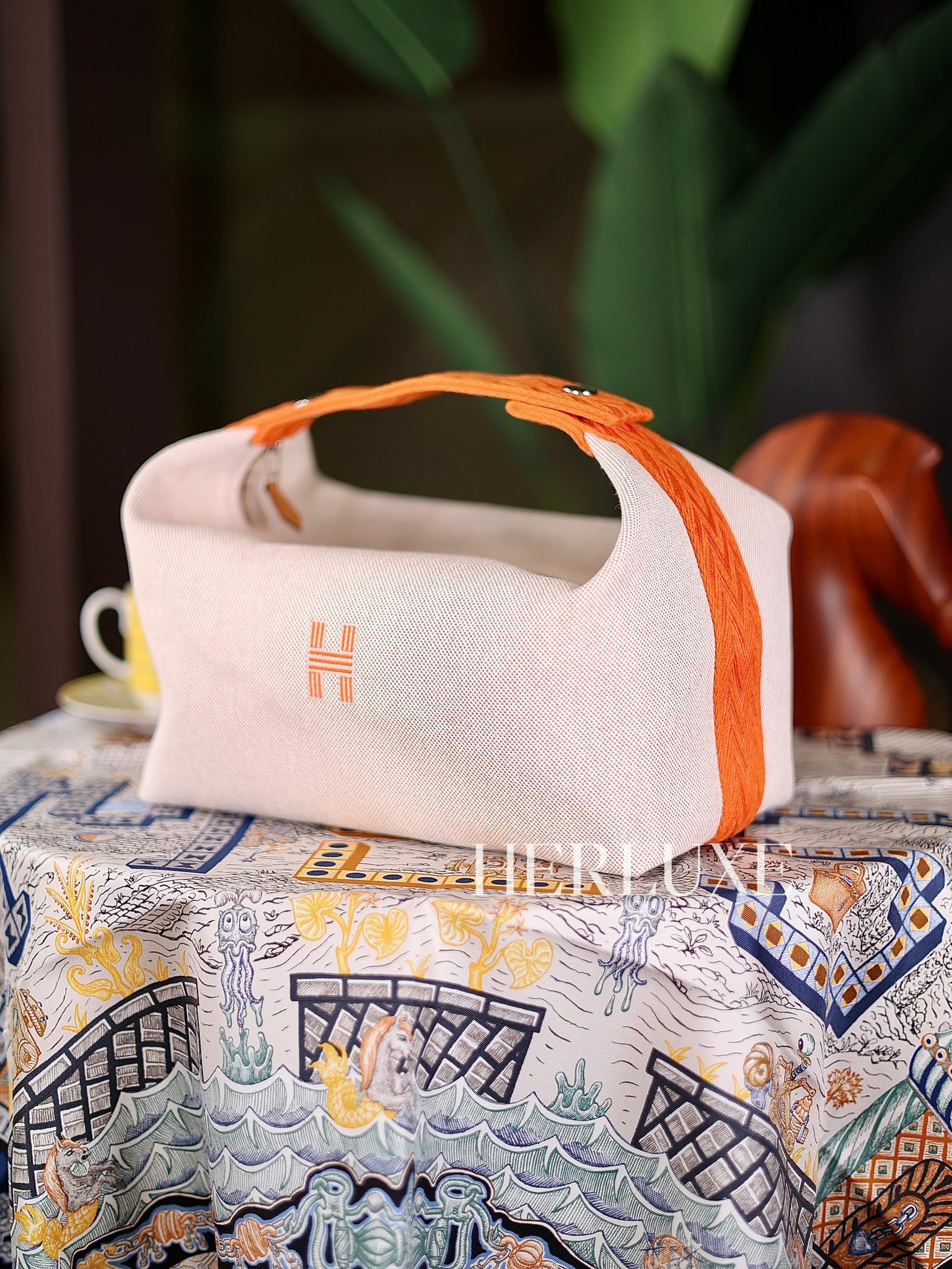 Bride a brac beige / orange GM Toile H plume