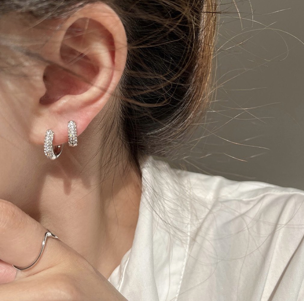 18k銀碎鑽 巨bling耳扣釘圈