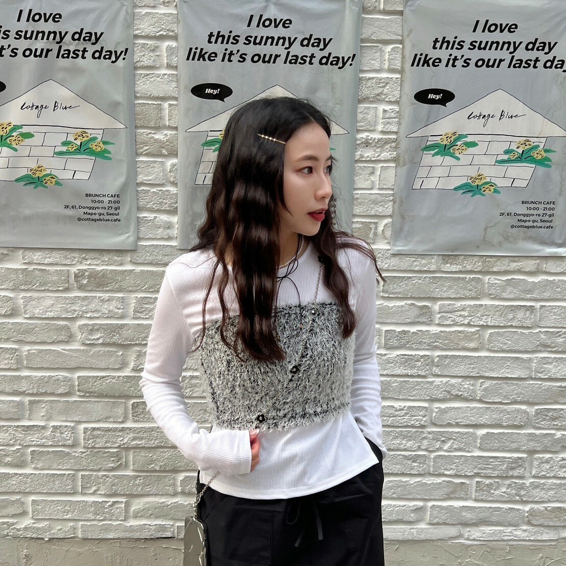 <女裝現貨💗> 毛毛平口背心 黑灰/黑白