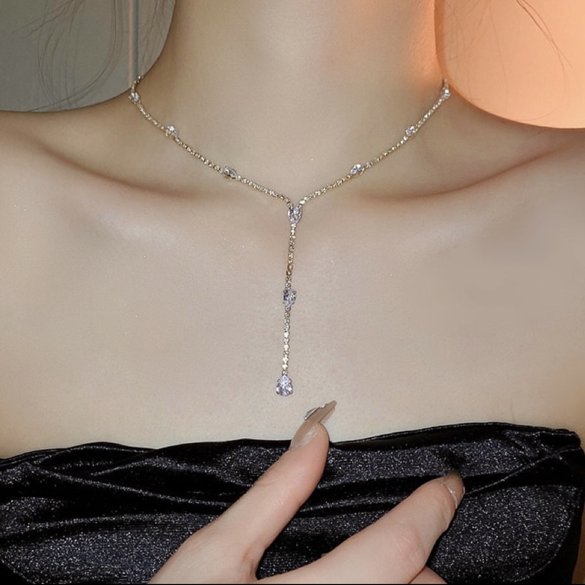 高奢夢幻水鑽石 深v長垂墜項鍊