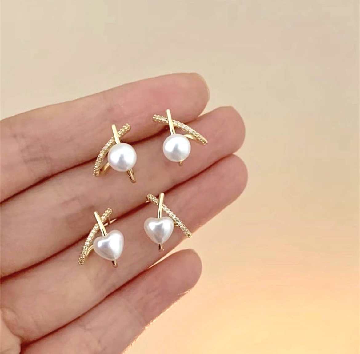 x桃心白珍珠金鑽耳釘