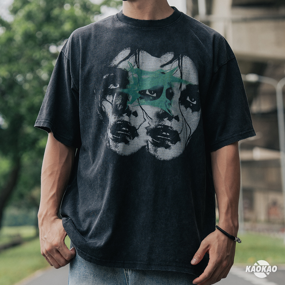 驚悚獵奇 人臉 印花 復古 水洗 磨破 短袖 T恤 寬鬆