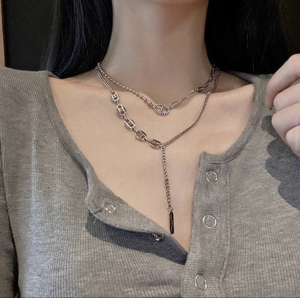 銀豬鼻 辣妺雙層銀鎖扣垂墜項鍊