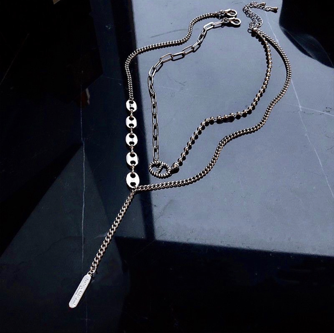 銀豬鼻 辣妺雙層銀鎖扣垂墜項鍊