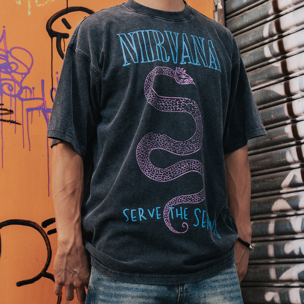 2023春夏新款 復古水洗 做舊 NIRVANA 蛇 印花 短袖 T恤 高街