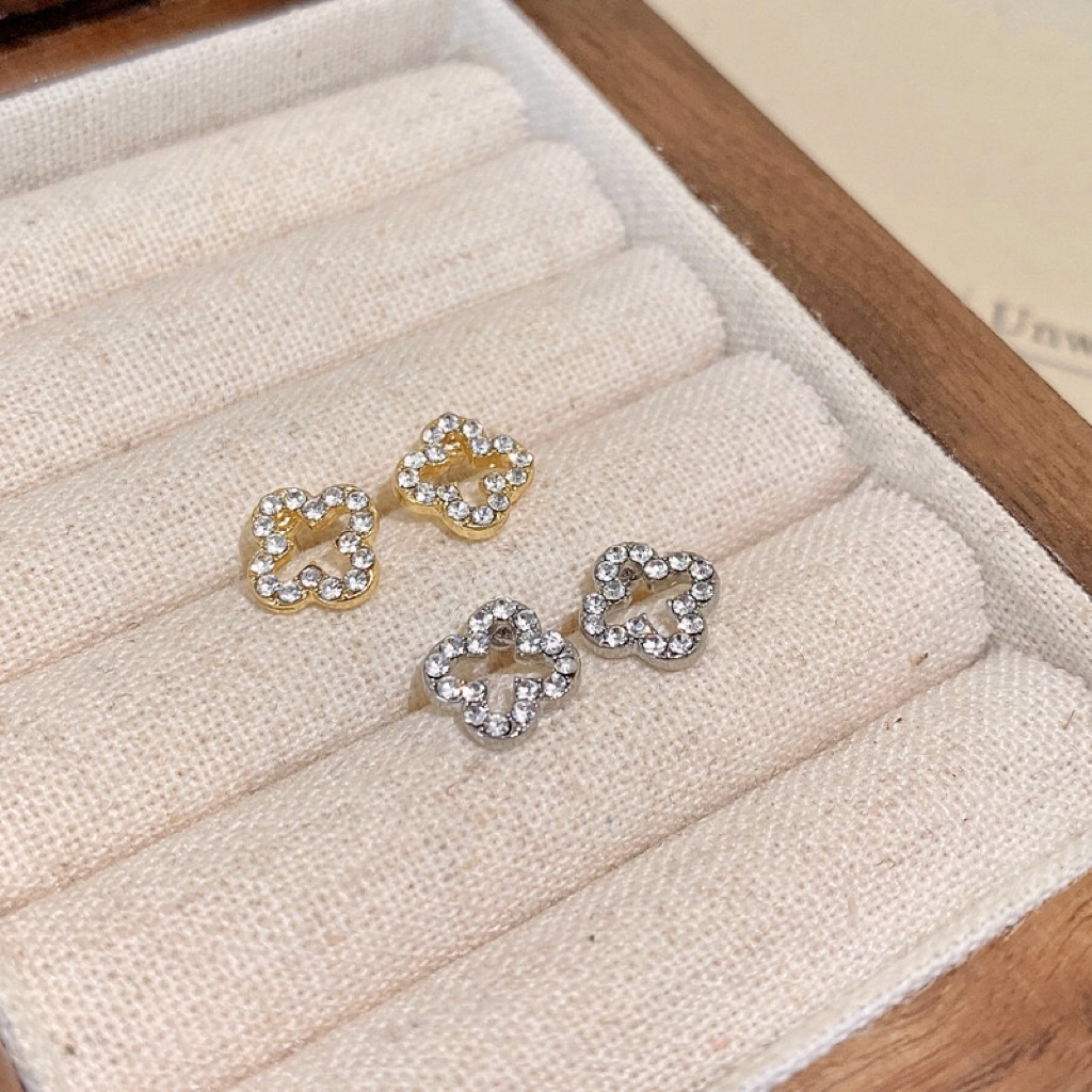 mini鏤空四葉草 金銀鑽小耳釘