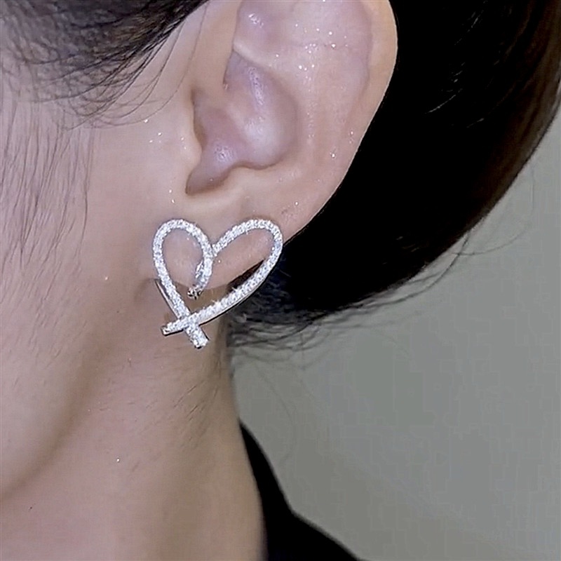 高奢銀水鑽鏤空心 雙面後扣耳釘