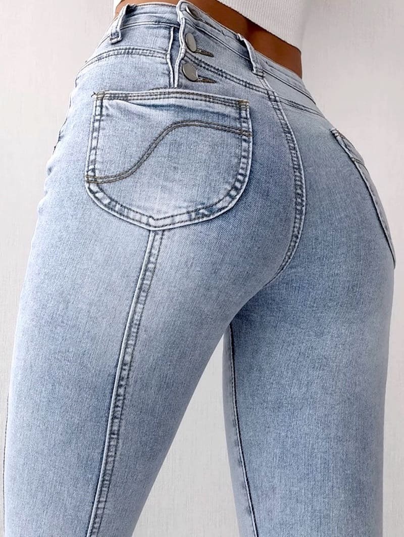 彈力高腰後排扣牛仔褲