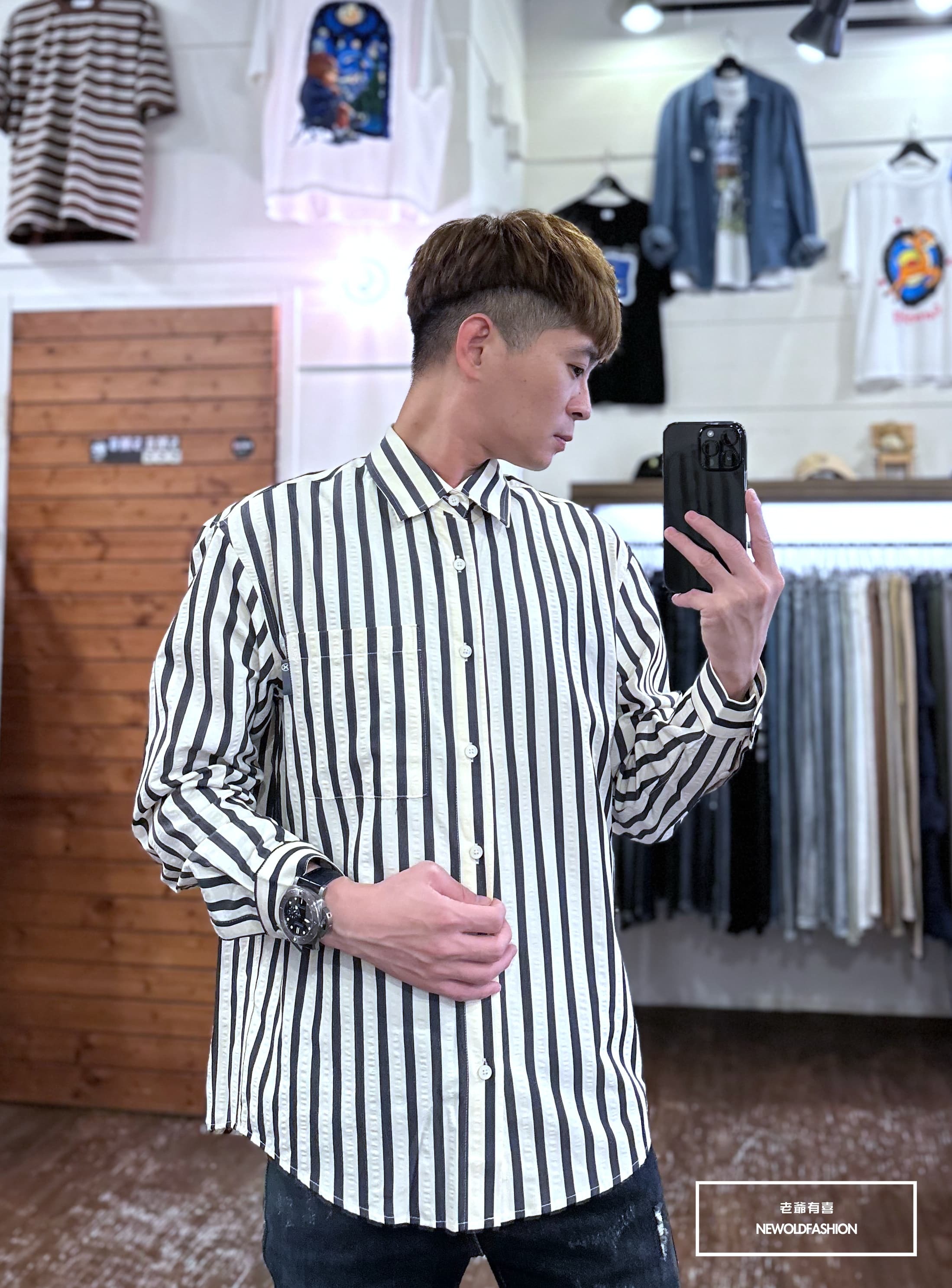 『新品上市』重磅撞色直條紋襯衫-黑(NOF23092308)