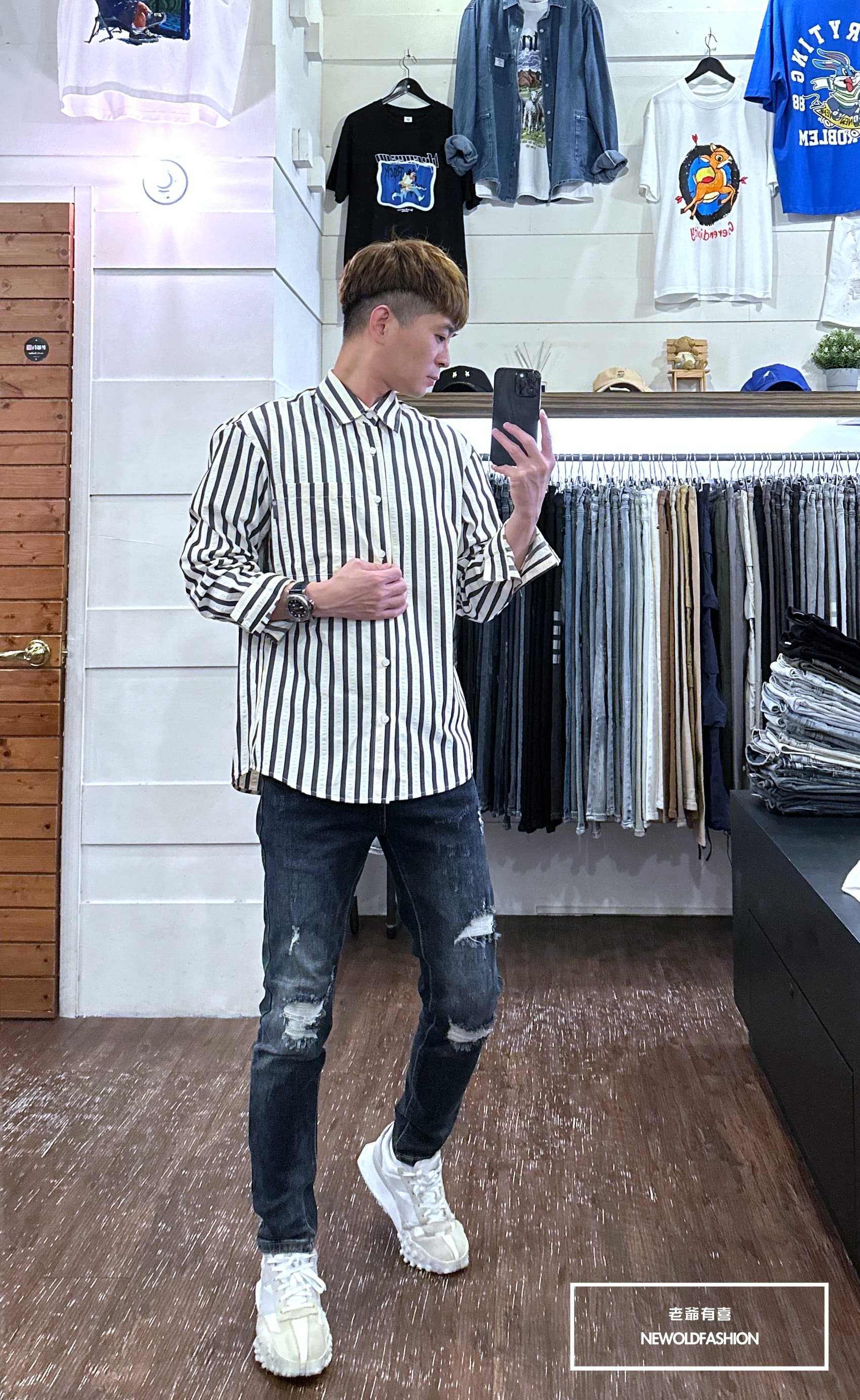 『新品上市』重磅撞色直條紋襯衫-黑(NOF23092308)