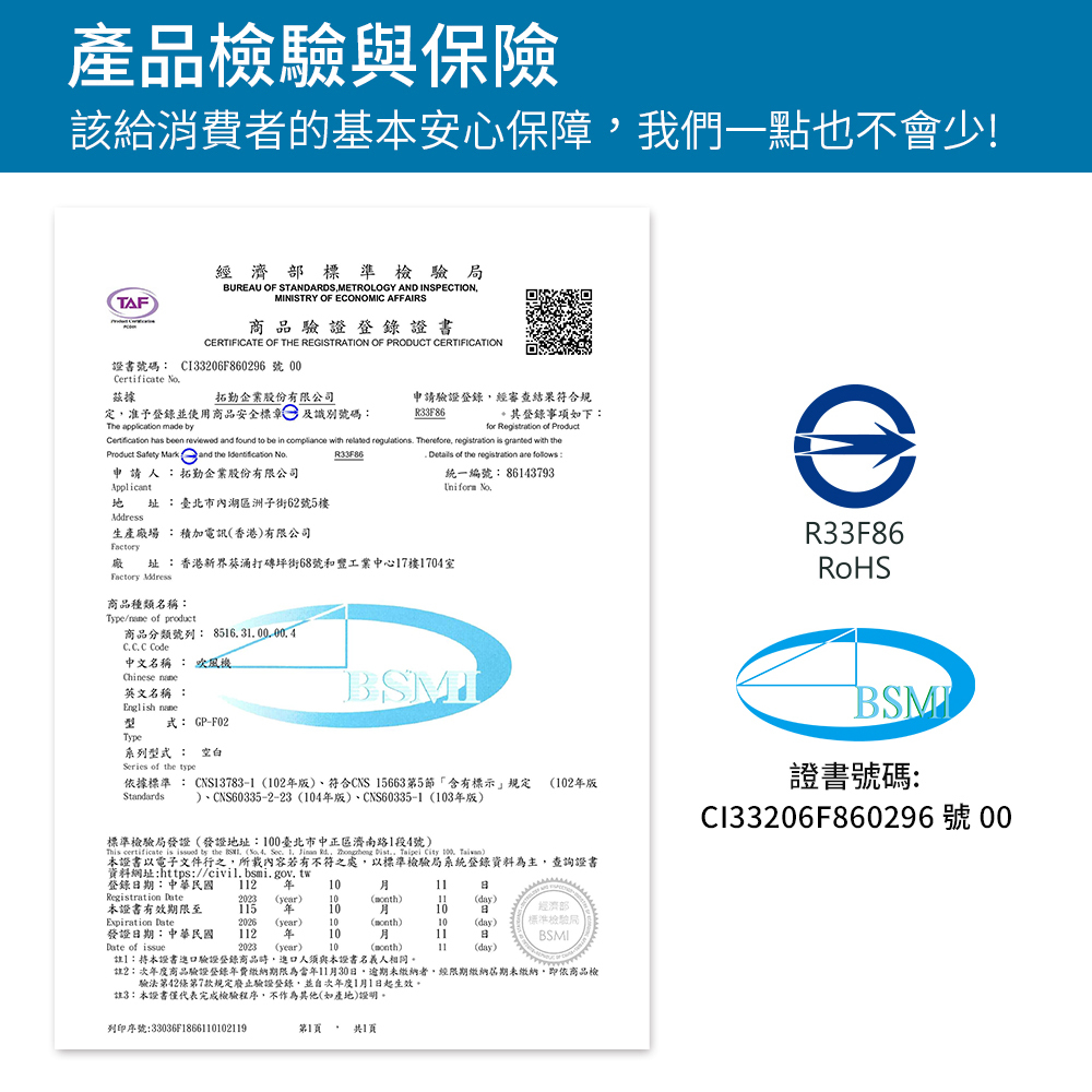 產品檢驗與保險該給消費者的基安心保障我們一點也不會少!TAF經濟部標準檢驗局BUREAU OF STANDARDSMETROLOGY AND INSPECTIONMINISTRY OF ECONOMIC AFFAIRS商品驗證 登錄證書CERTIFICATE OF THE REGISTRATION OF PRODUCT CERTIFICATION證書號碼 CI33206F860296 號 Certificate No茲據拓勤企業股份有限公司申請驗證登錄經審查結果符合規定准予登錄並使用商品安全標章及識別號碼R33F86。其登錄事項如下:The application made for Regtration  Product   reviewed  found to be in compliance with  regulations Therefore  is  with theR33F86Product Safety Mark and the  申 請 人 :拓勤企業股份有限公司 址:臺北市內湖區洲子街62號5樓 Details of the registration are follows:統一編號: 8643793Uniform 生產場 :積加電訊香港有限公司Factory址:香港新界葵涌打磚坪街68號和豐工業中心7樓1704室Factory Address商品種類名稱:Type/ of product商品分類號列: 8516300.4C. C. C Code中文名稱 : 吹風機 R33F86英文名稱 :English 式: GP-F02Type系列型式 : 空白Series of the type依據標準 : CNS13783-1 102版、符合CNS156635節「含有標示規定 (102版Standards)、CNS60335-2-23 (104版)、CNS60335-1 (103年版)標準檢驗局發證(發證地址:100臺北市中正區濟南路1段4號)This certificate is  by the . (  Sec. 1  .    City 100. )本證書以電子文件行之,所載內容若有不符之處,以標準檢驗局系統登錄資料為主,查詢證書資料網址:https://civil.bsmi.gov.tw登錄期:中華民國 2 年 10證書號碼:Cl33206F860296號 00Registration 2023 (year) 10(month)(day)本證書有效期限至115 年1010經濟部Expiration 2026(year)10(month)10(day)發證日期:中華民國112年1011日標準檢驗局BSMIDate of 2023 (year)10(month)11(day):本證書進口驗證登錄商品時,進口人須與本證書名義人相同。註2:次年度商品驗證登錄年費繳納期限為當年11月30日,逾期未繳納者,經限期繳納期未繳納,即依商品檢驗法第42條第7款規定廢止驗證登錄,並自次年度1月1日起生效。註3:本證書僅代表完成檢驗程序,不作為其他(如產地)證明。列印序號:33036F1866110102119第1共1頁