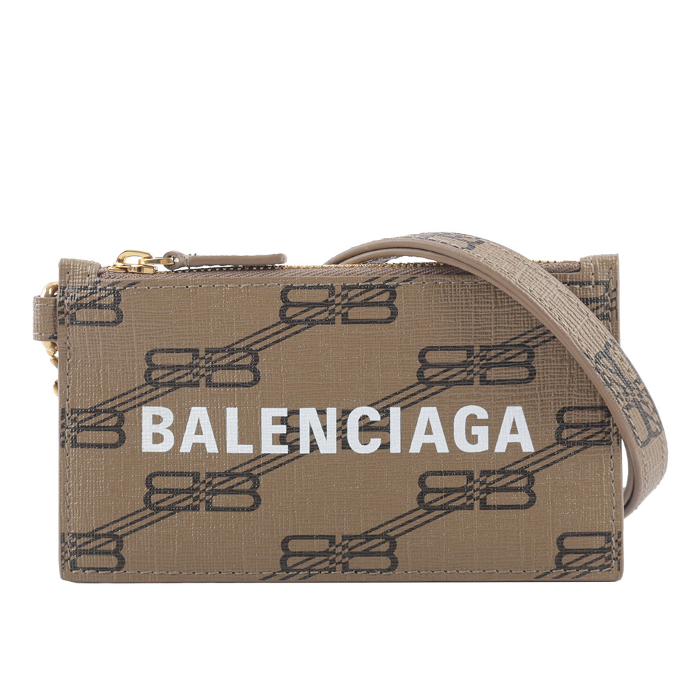 【BALENCIAGA】BB Monogram 小款金釦卡片夾(附可拆式掛繩)(米色/棕色) 594548 210DA 2762