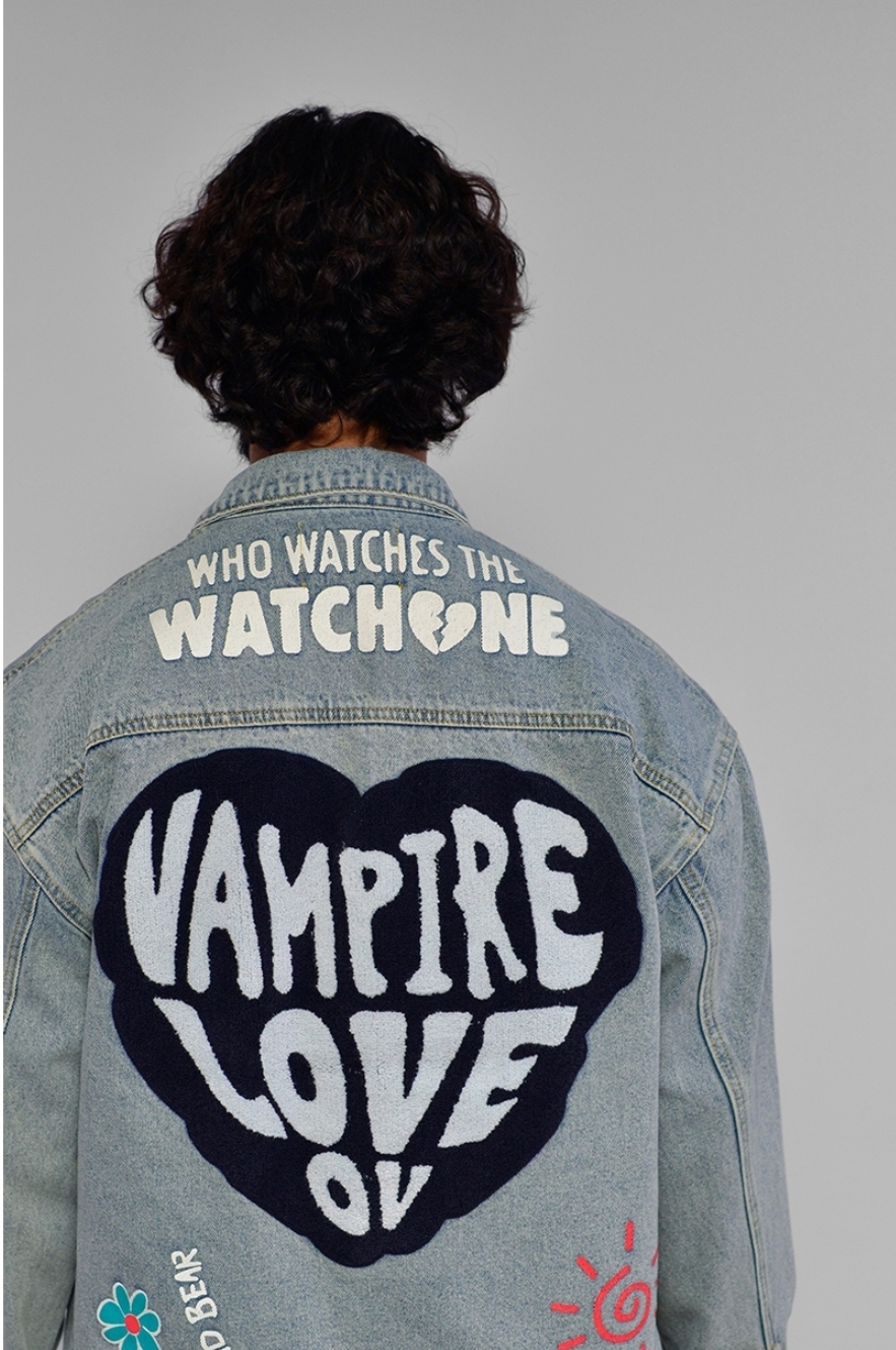 街頭多釦環刺繡大補丁牛仔外套