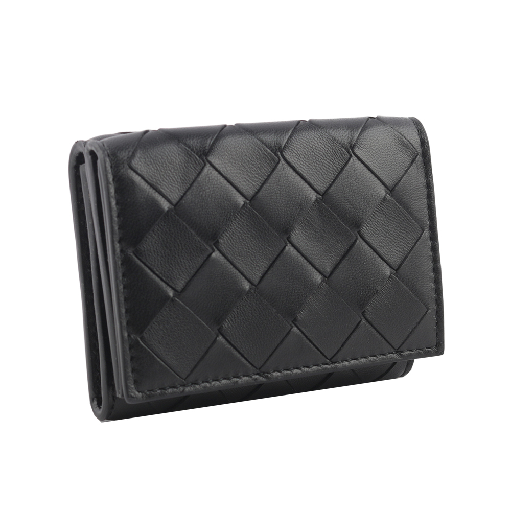 【BOTTEGA VENETA】經典小羊皮及小牛皮編織迷你雙釦三折短夾(黑色) 609285 VCPP2 8803