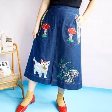 2023夏秋季新款貓刺繡牛仔半身裙