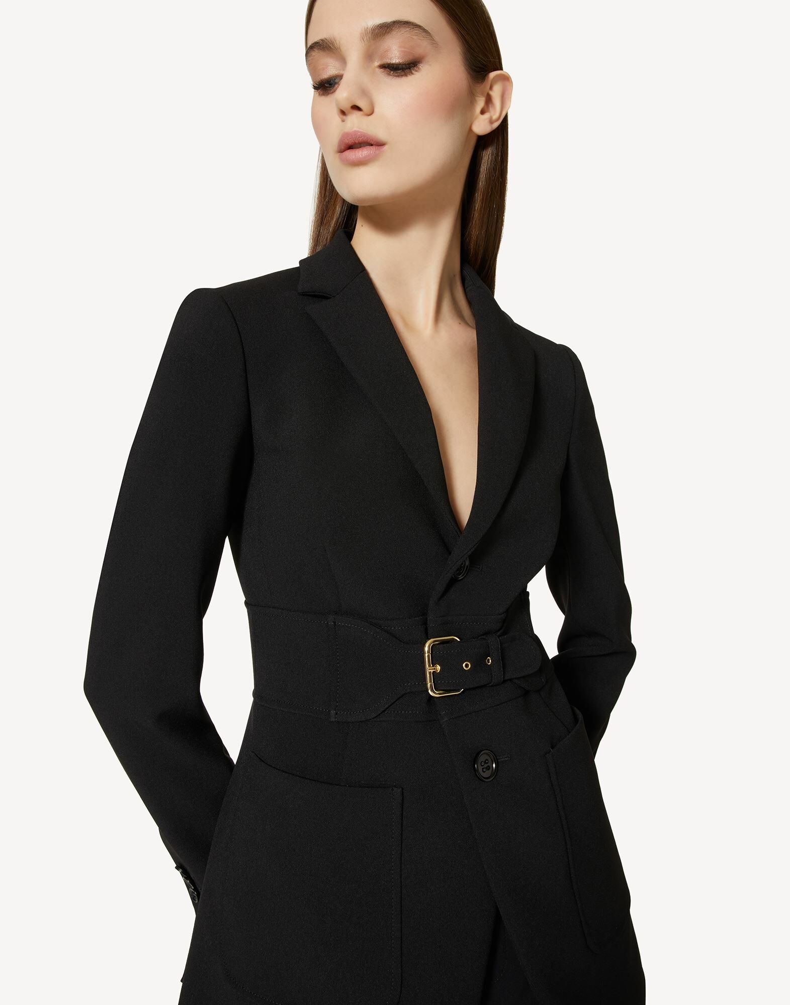 Red Valentino  金色腰扣環開襟長外套(黑)