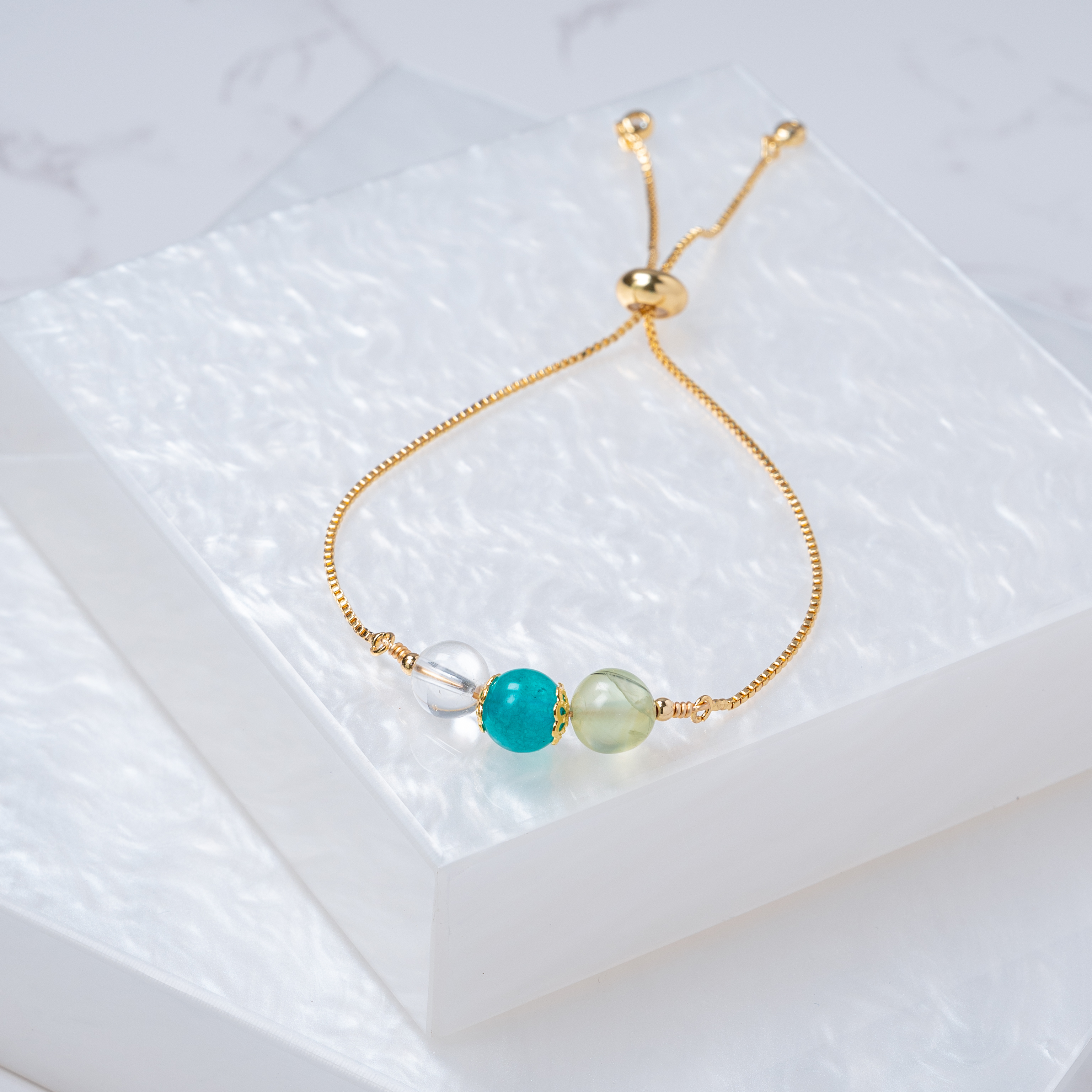 【白水晶﹒天河石﹒葡萄石】拉式手鍊