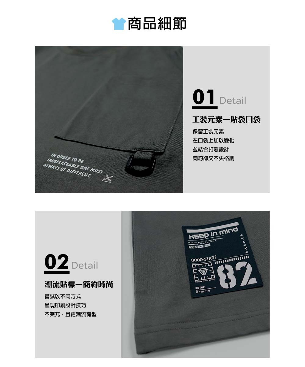 RETOP 工裝軍風 軍事扣環口袋圓領T 鐵灰