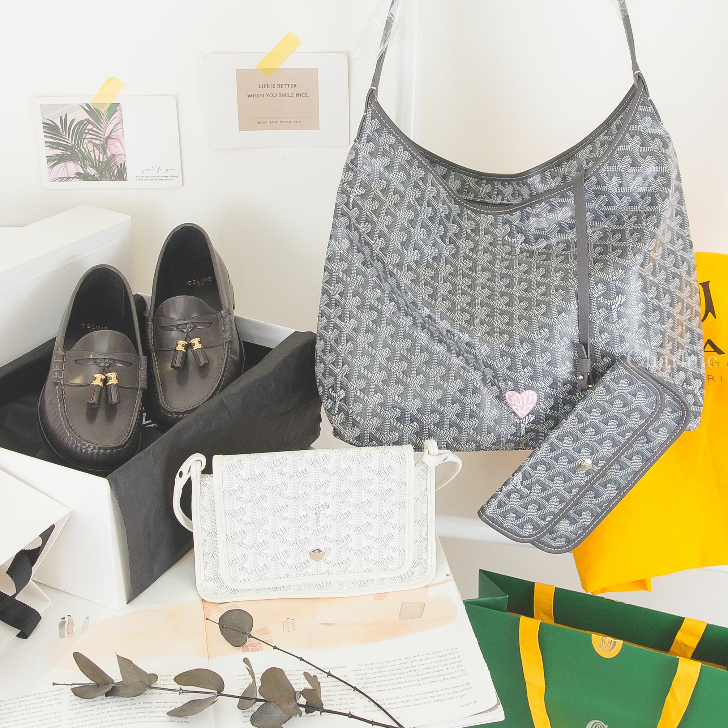 Goyard Bohème Hobo Bag 灰色奶茶色愛心手提肩背包,Goyard Plumet Pocket Wallet 白色小牛皮肩背包,灰色金色凱旋門流蘇小牛皮樂福鞋-Charline Boutique 精品代購