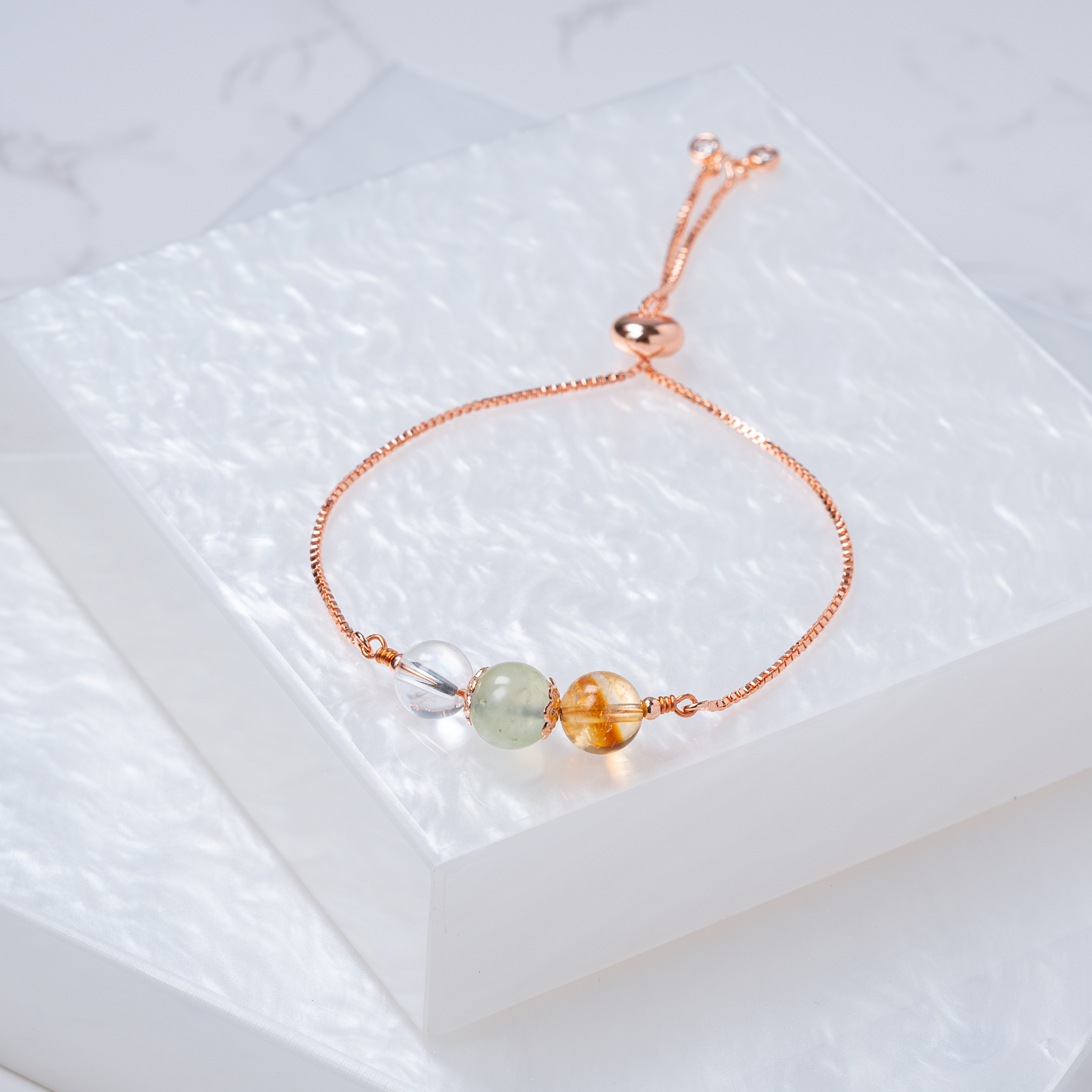 【白水晶﹒葡萄石﹒黃水晶】拉式手鍊