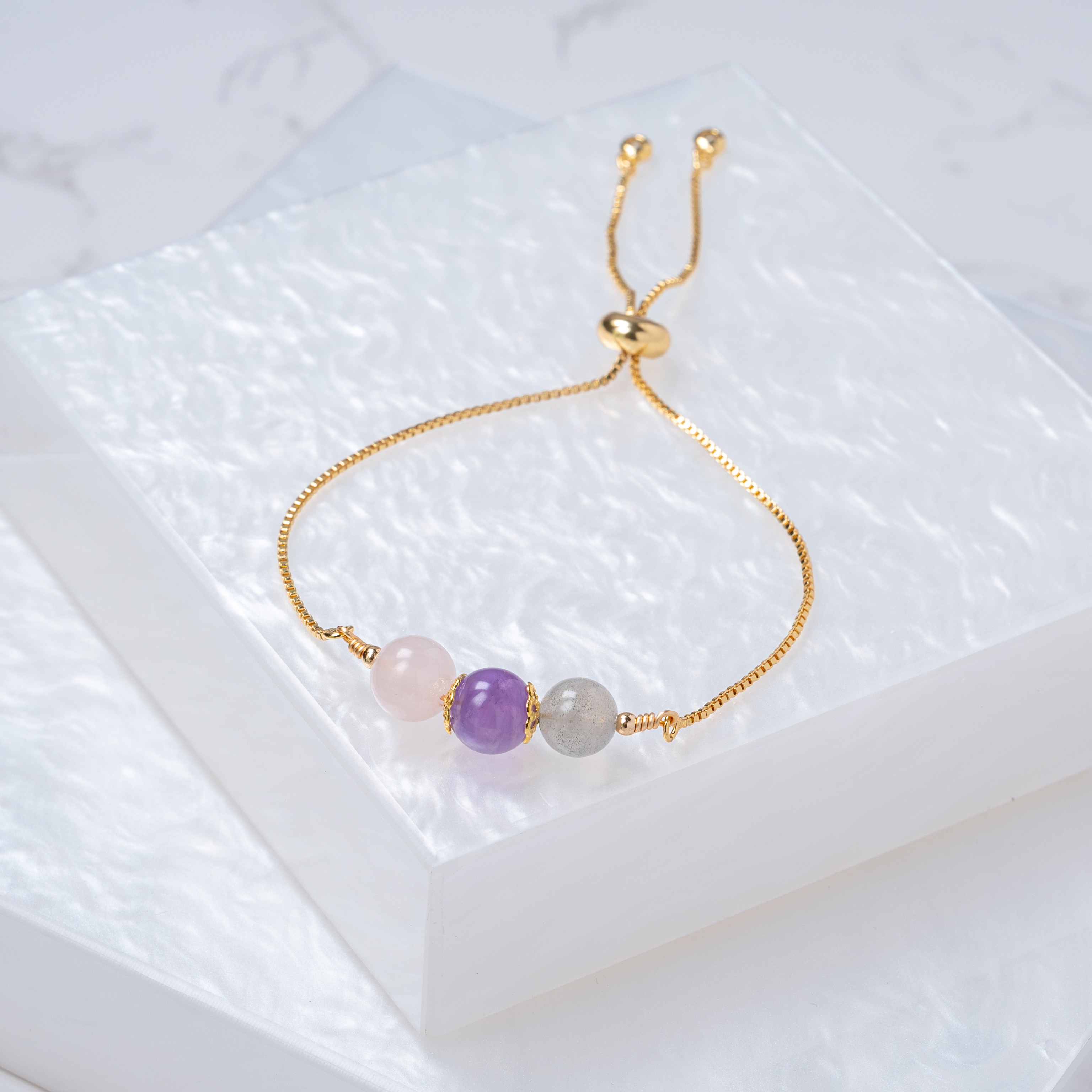 【粉水晶﹒紫水晶﹒拉長石】拉式手鍊