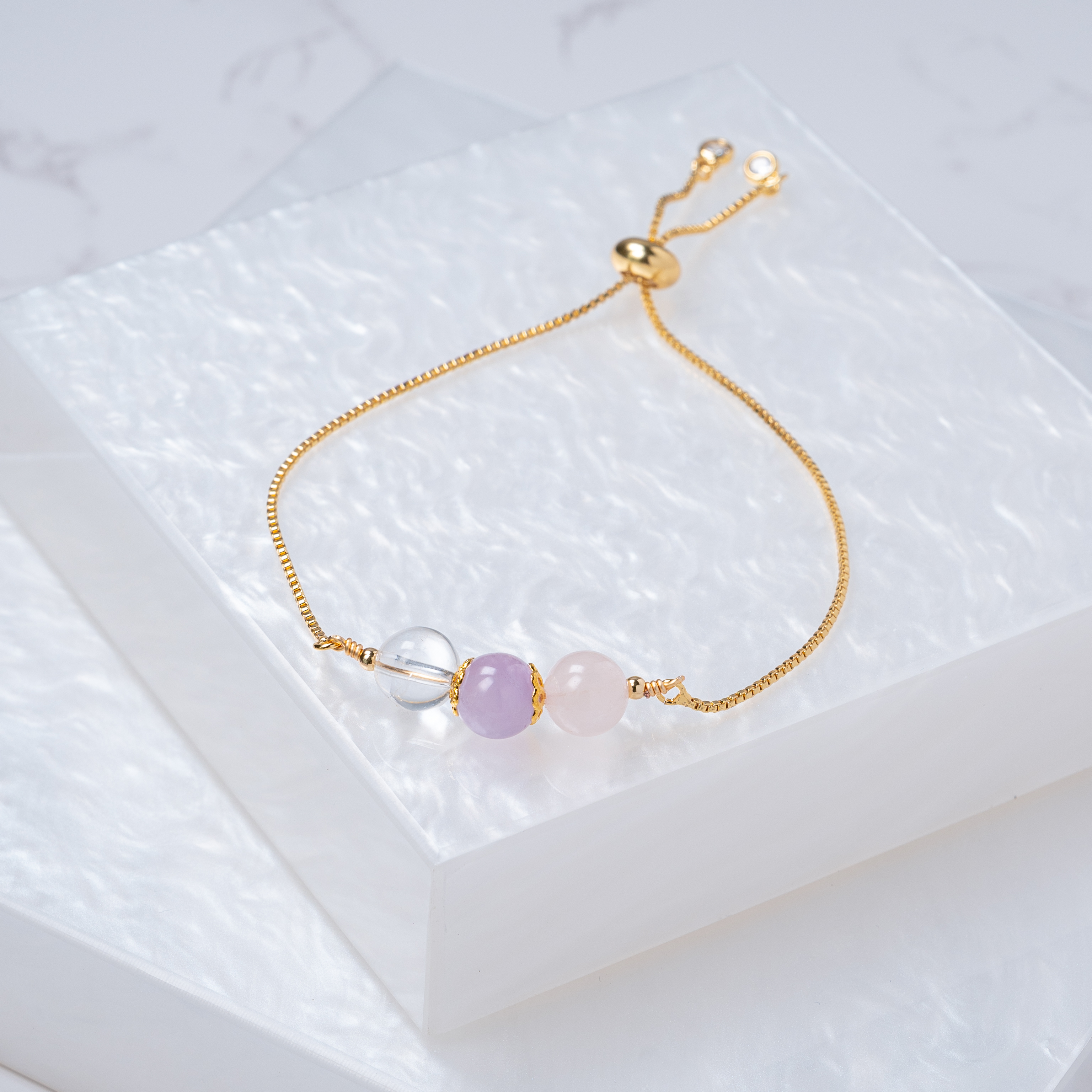 【白水晶﹒紫水晶﹒粉水晶】拉式手鍊