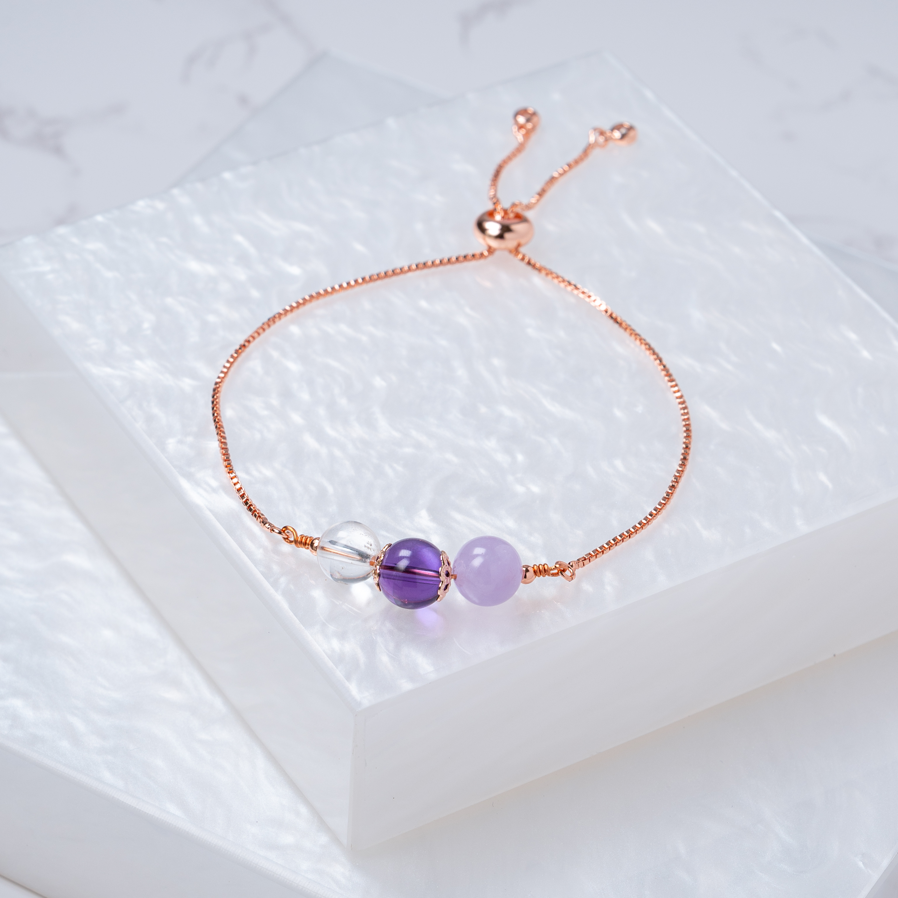 【白水晶﹒深紫水晶﹒淺紫水晶】拉式手鍊