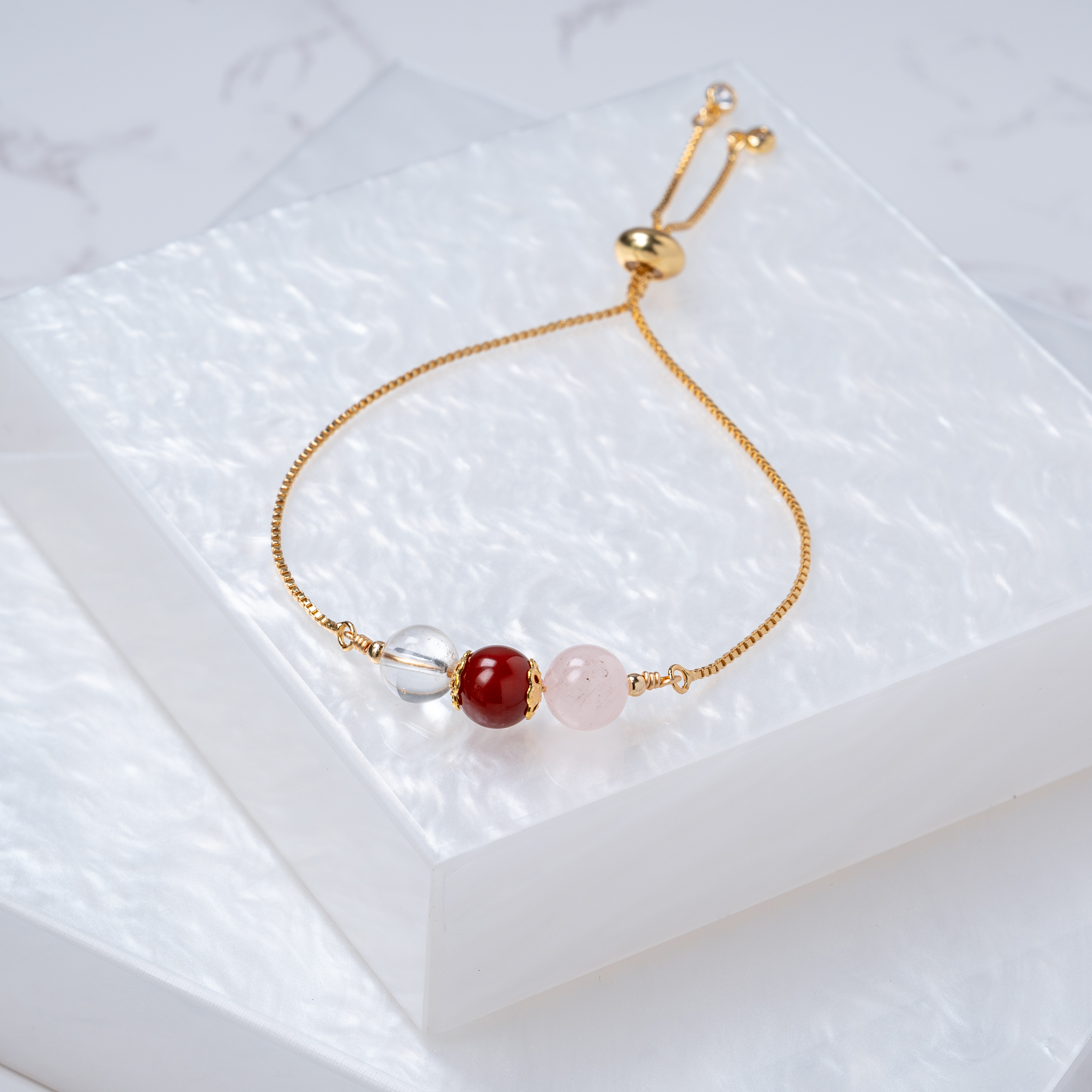 【白水晶﹒紅瑪瑙﹒粉水晶】拉式手鍊