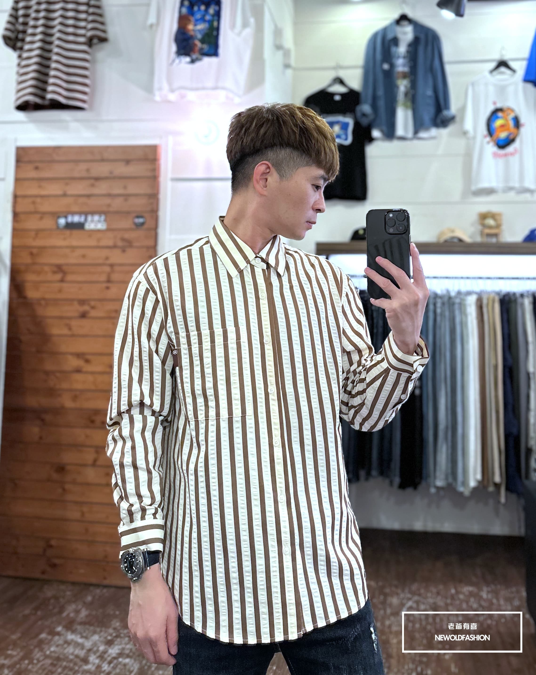 『新品上市』重磅撞色直條紋襯衫-咖啡(NOF23092308)