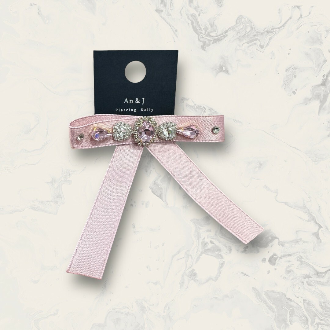 韓國直送髮飾 中線鋯框大圓鋯+粉水滴鋯蝴蝶結緞帶髮夾 2色