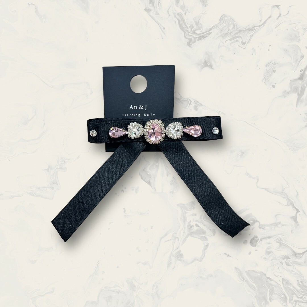 韓國直送髮飾 中線鋯框大圓鋯+粉水滴鋯蝴蝶結緞帶髮夾 2色