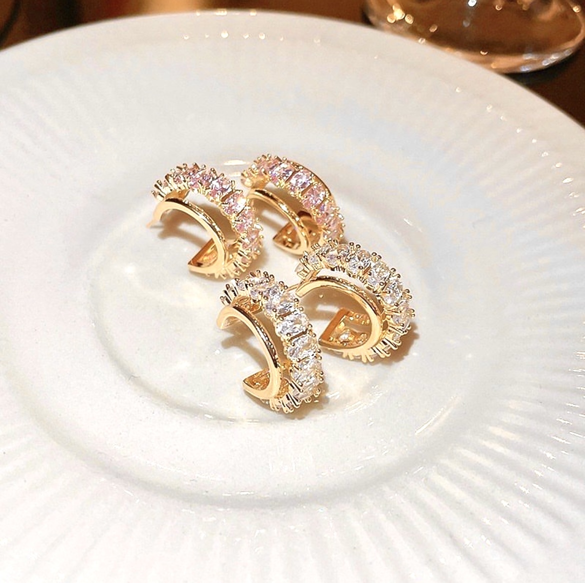 高奢白粉金水鑽c圈 耳扣釘