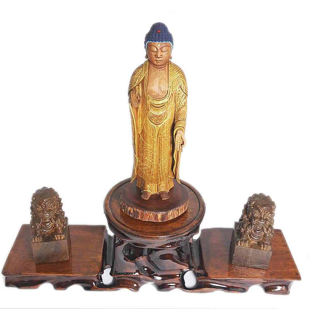 阿彌陀佛{台灣肖楠木}&祥獅{土沉} 木座高23公分【十方】152499