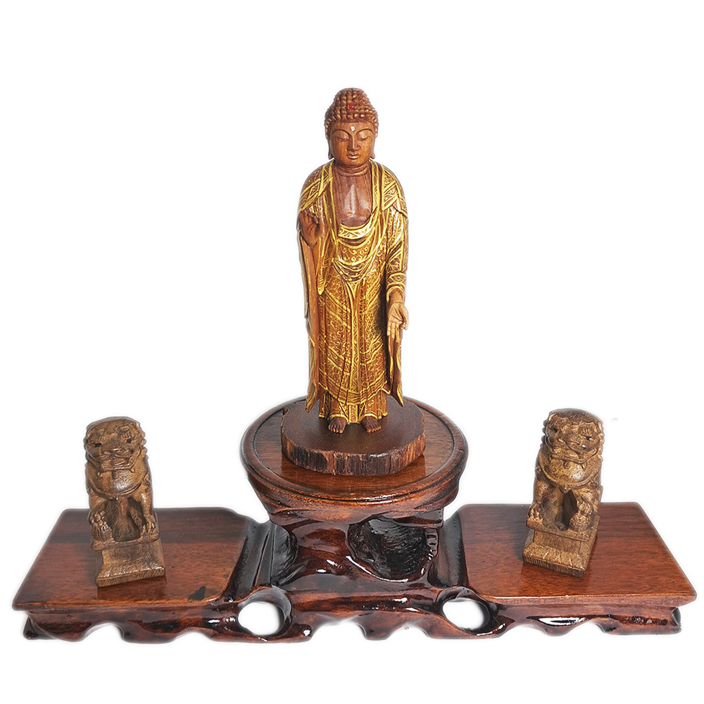 阿彌陀佛{台灣肖楠木}&祥獅{土沉} 木座高23公分  【十方】152496