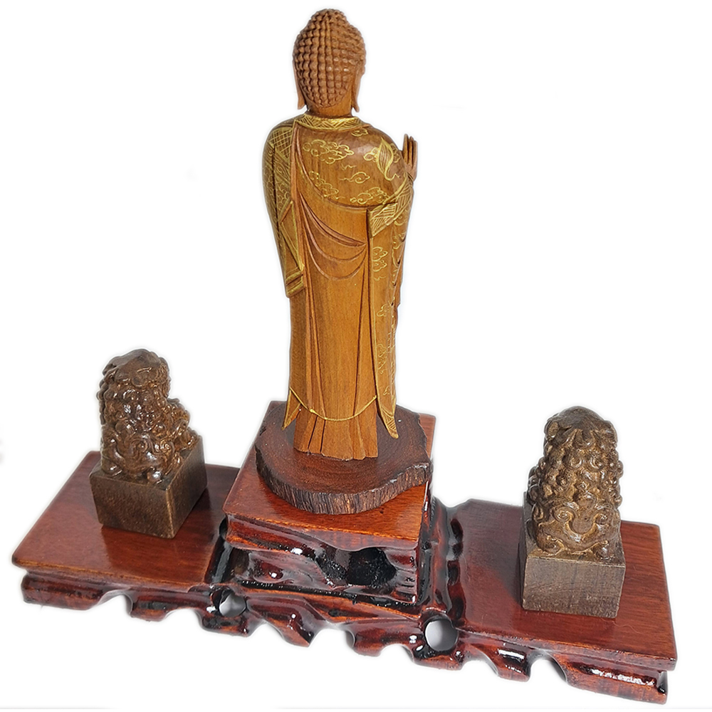 阿彌陀佛{台灣肖楠木}&祥獅{土沉} 木座高23公分  【十方】152496