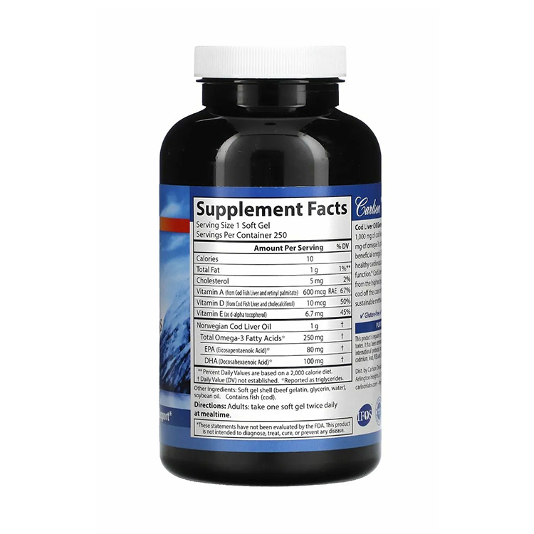 Carlson, Wild Norwegian, Cod Liver Oil Gems, 1,000 mg, 250 Soft Gels