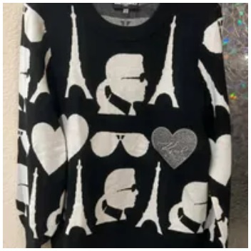 [S] KARL LAGERFELD ICONIC LOGO PUFF SLEEVE SWEATER,BLACK/SOFT WHITE, L3ZSS772-XSF (SKL765)