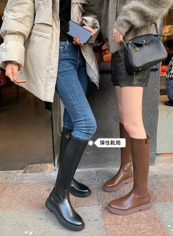 凱莉釦厚底 真皮及膝長靴(35-40)(黑/棕)(兩種高度)